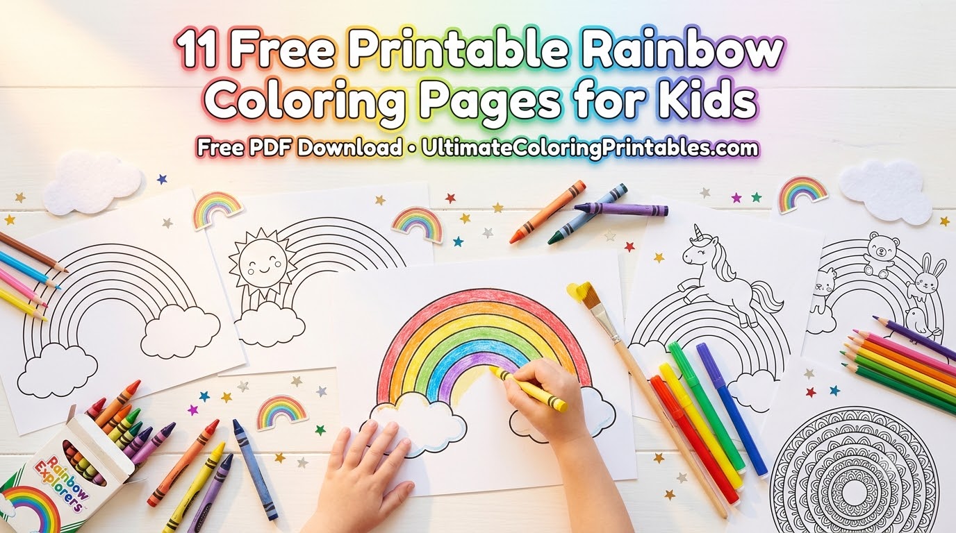 11 free printable rainbow coloring pages for kids with crayons, coloring sheets, and rainbow-themed printable activities.